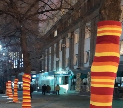 Деревья в центре Челябинска одели в разноцветные гетры
