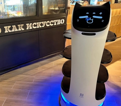 Принесет заказ, поздравит и даст погладить: в ресторане Челябинска появился робот-официант, стилизованный под кота