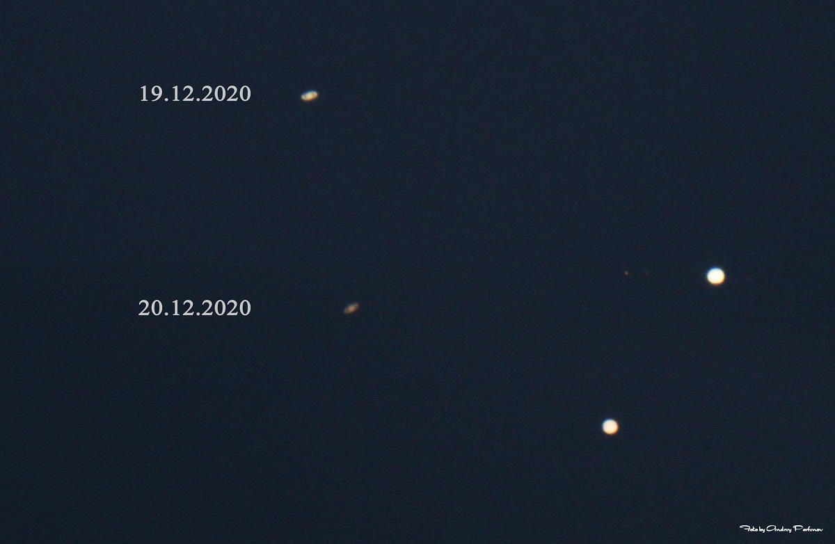 На снимке наглядно показано, на сколько изменилось расстояние между планетами Юпитер и Сатурн за один день. Автор фото Андрей Парфёнов