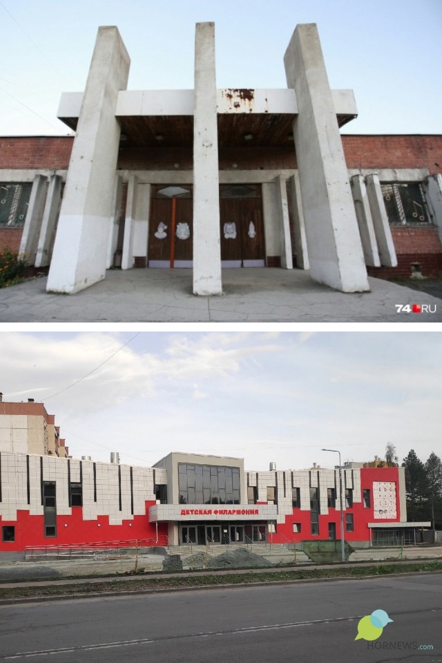 Как здание филармонии выглядело до реконструкции (Фото: Илья Бархатов, 74.ру) и как стало выглядеть в конце весны 2021